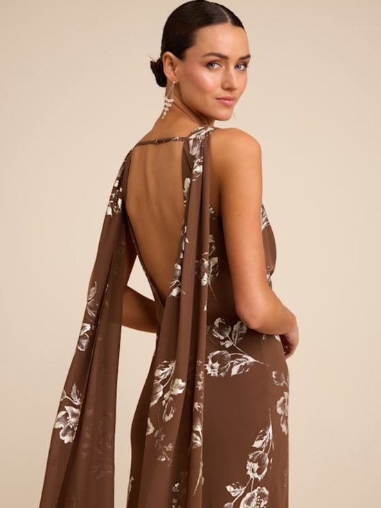 Lulus Dresses & Skirts - Lulus Sidonia Brown And Gold Floral Cowl Sash Maxi Dress - Size S